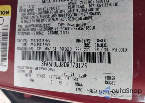 2013 Ford Fusion Se from USA, damaged, VIN 3FA6P0LU8DR178125